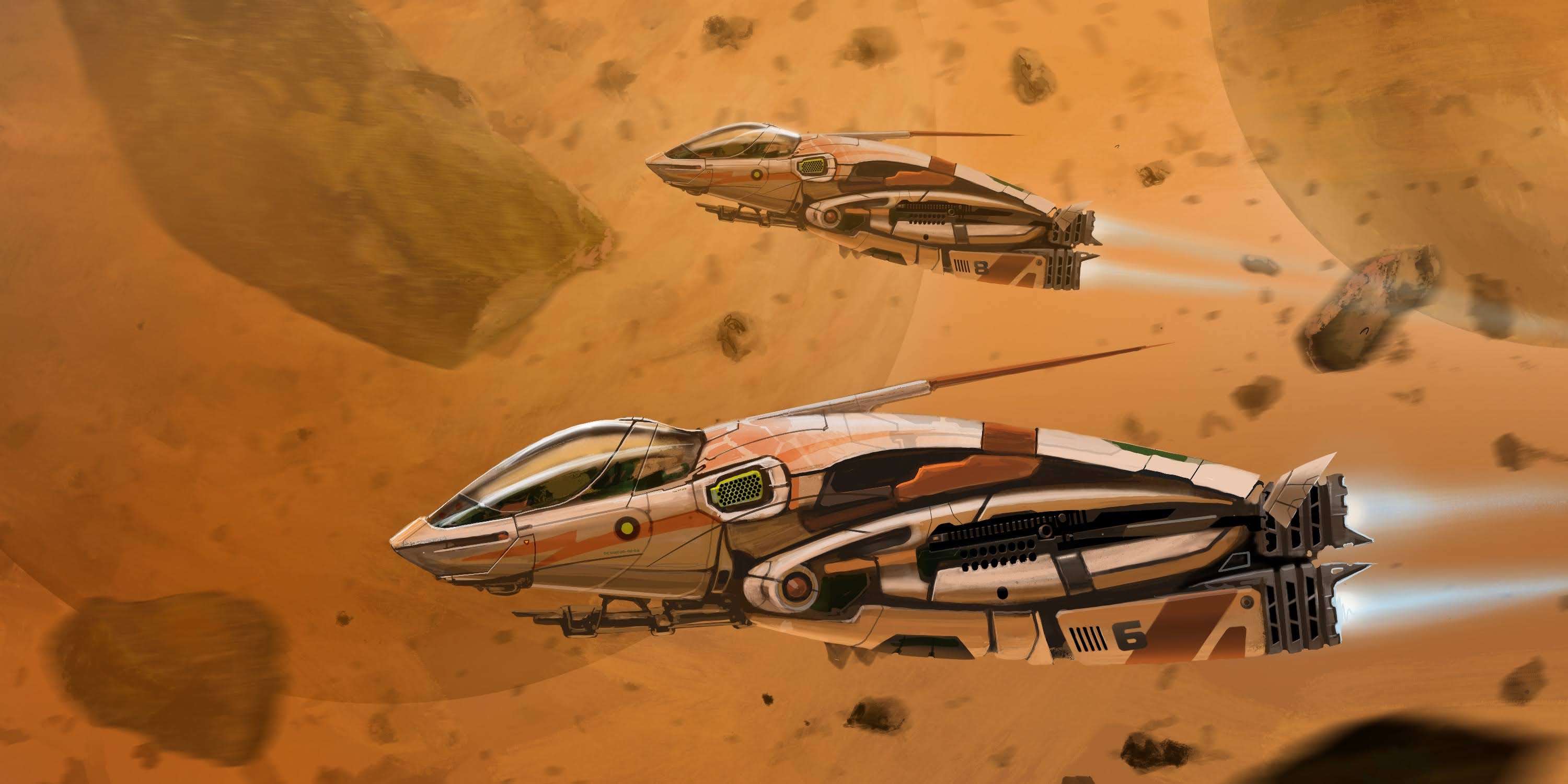 Ships in asteroid field Concept Art by David White