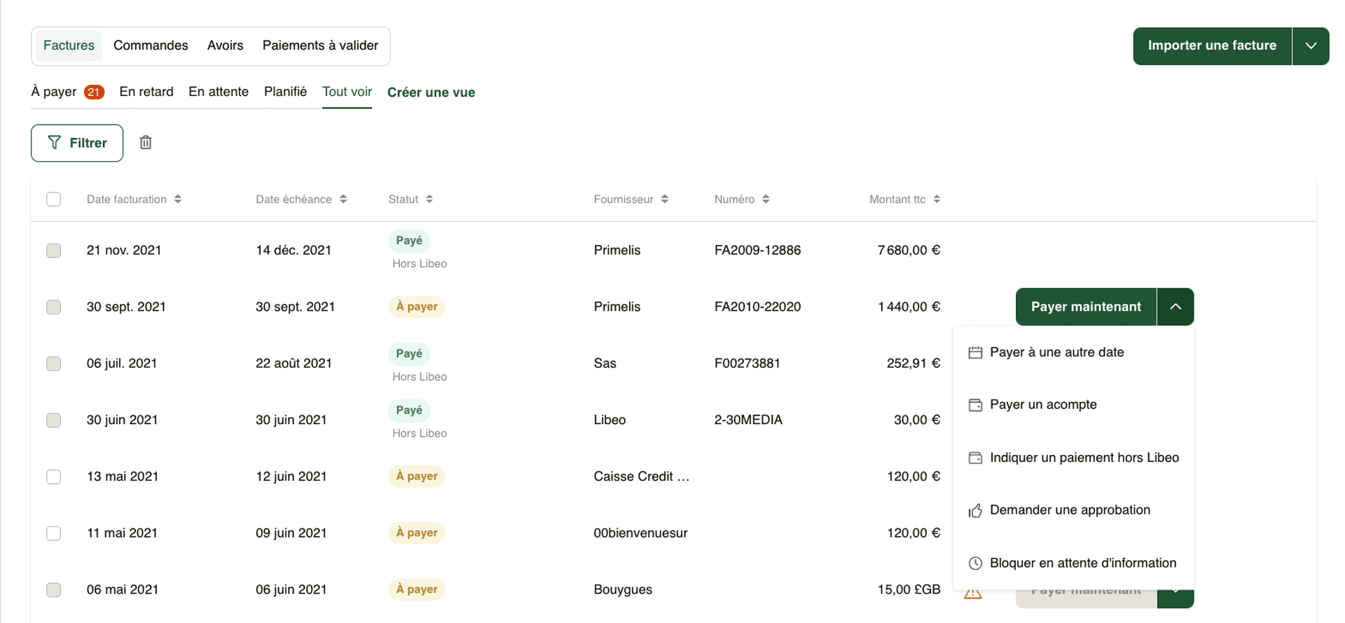Payer factures