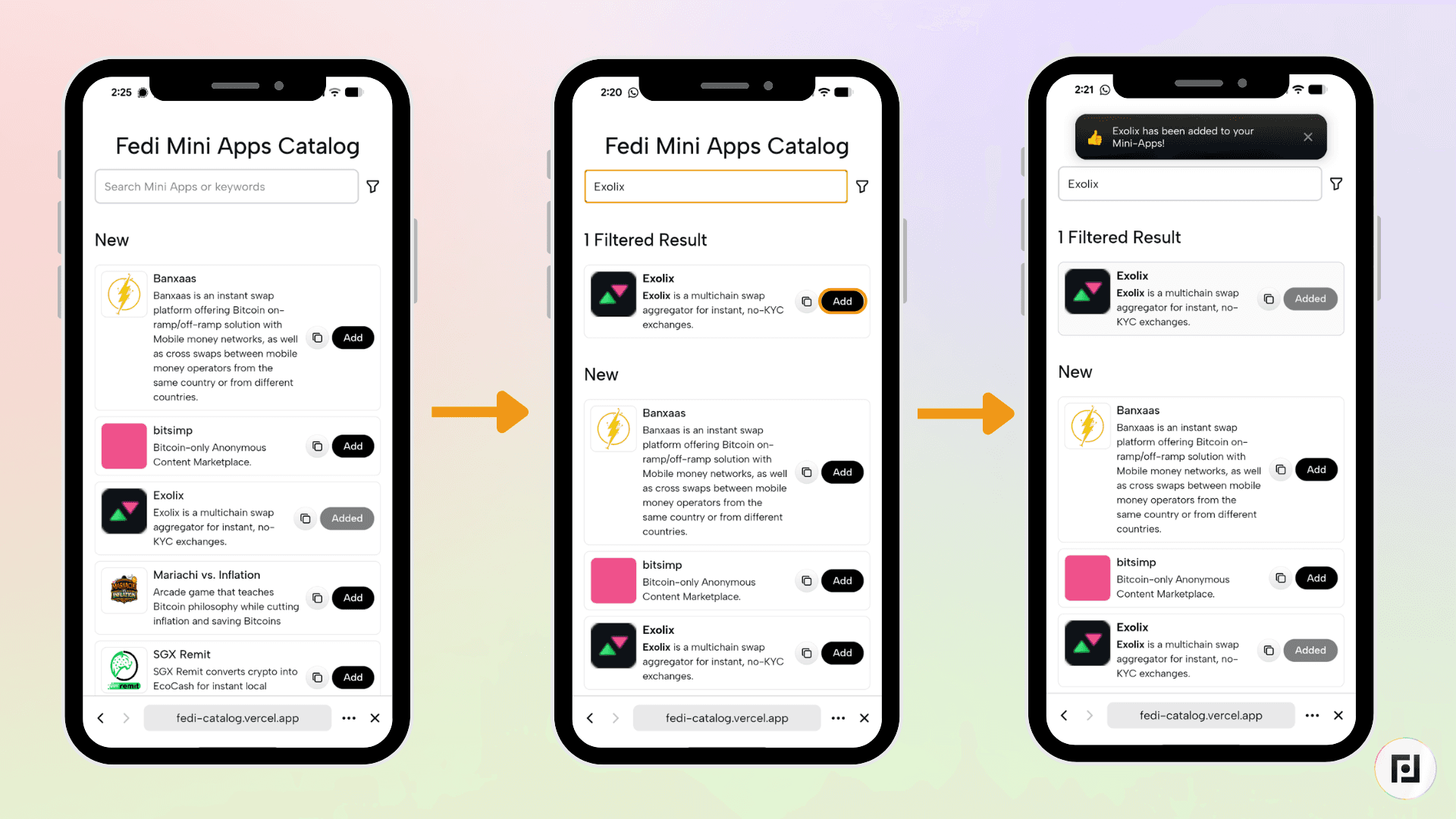 Fedi Mini Apps Catalog search results showing Exolix listed as a multichain swap aggregator with Add button, followed by confirmation that Exolix has been added