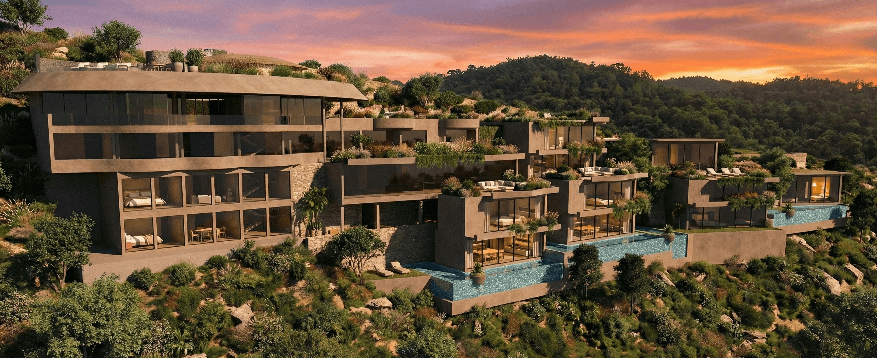 Visual expanse: A full wall of glazing seamlessly connects the bedroom to the lush terrace outside, dissolving the boundary between the interior comfort and nature.