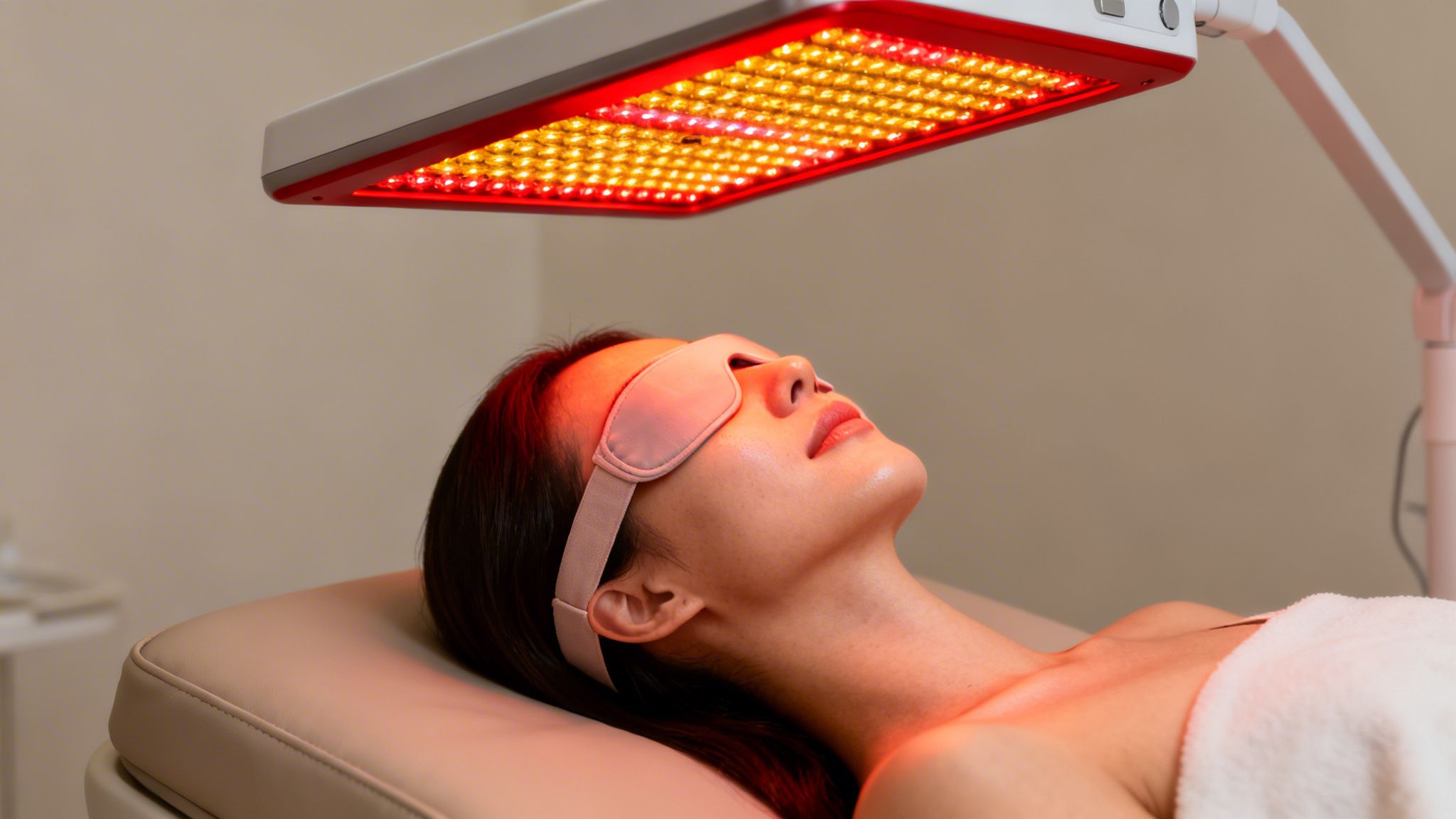 A woman with an eye mask relaxing under red light therapy for facial treatment.
