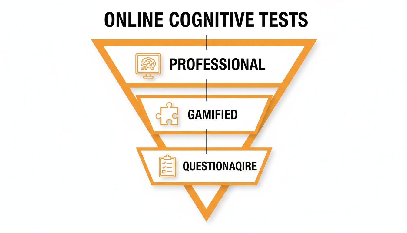 Illustration of online cognitive tests, categorized into professional, gamified, and questionnaire formats.