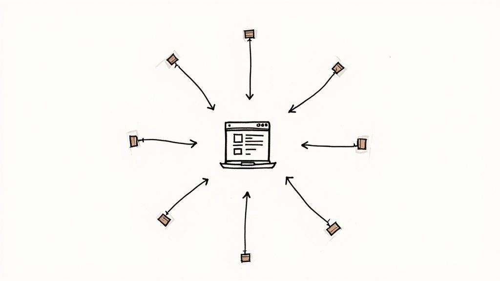 An illustration showing a website at the center with arrows pointing to it from various online sources like social media, blogs, and news sites, symbolizing off-page SEO signals.