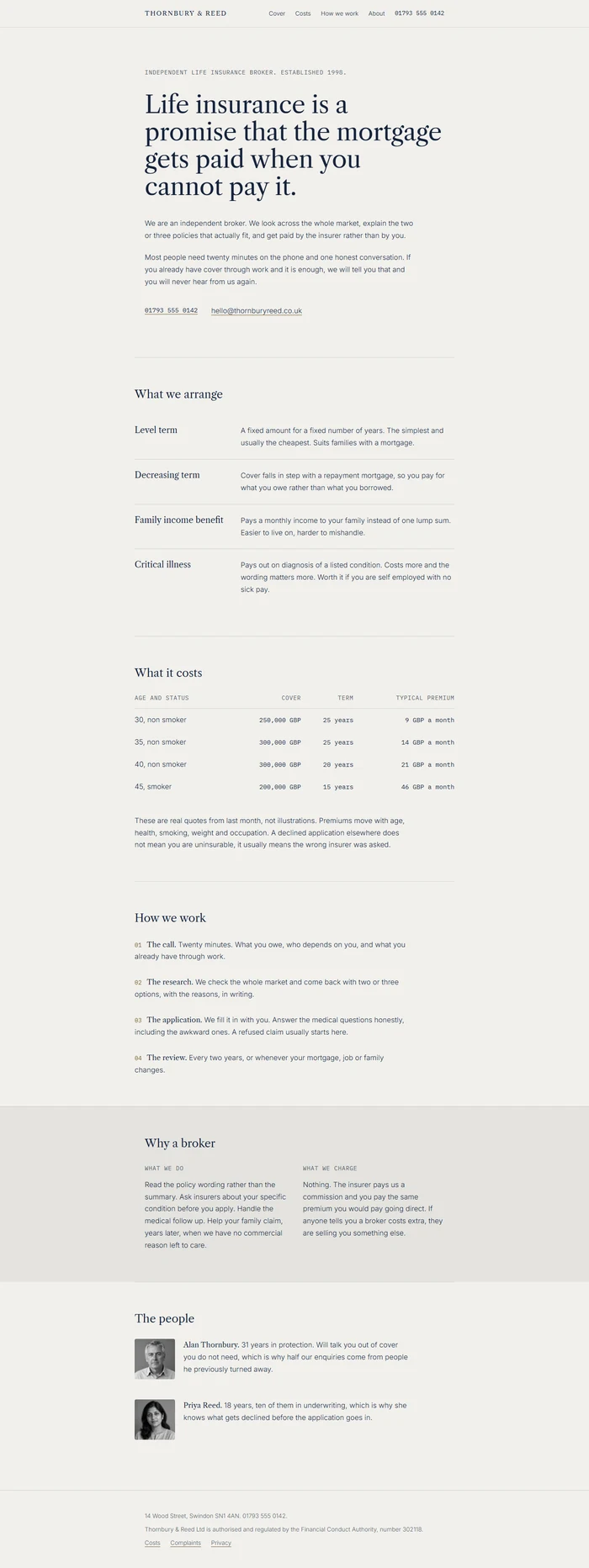 Full page of an AI-generated life insurance website with a typographic hero, cover types list, premium price table, how we work steps, why a broker block, team portraits and a quiet footer