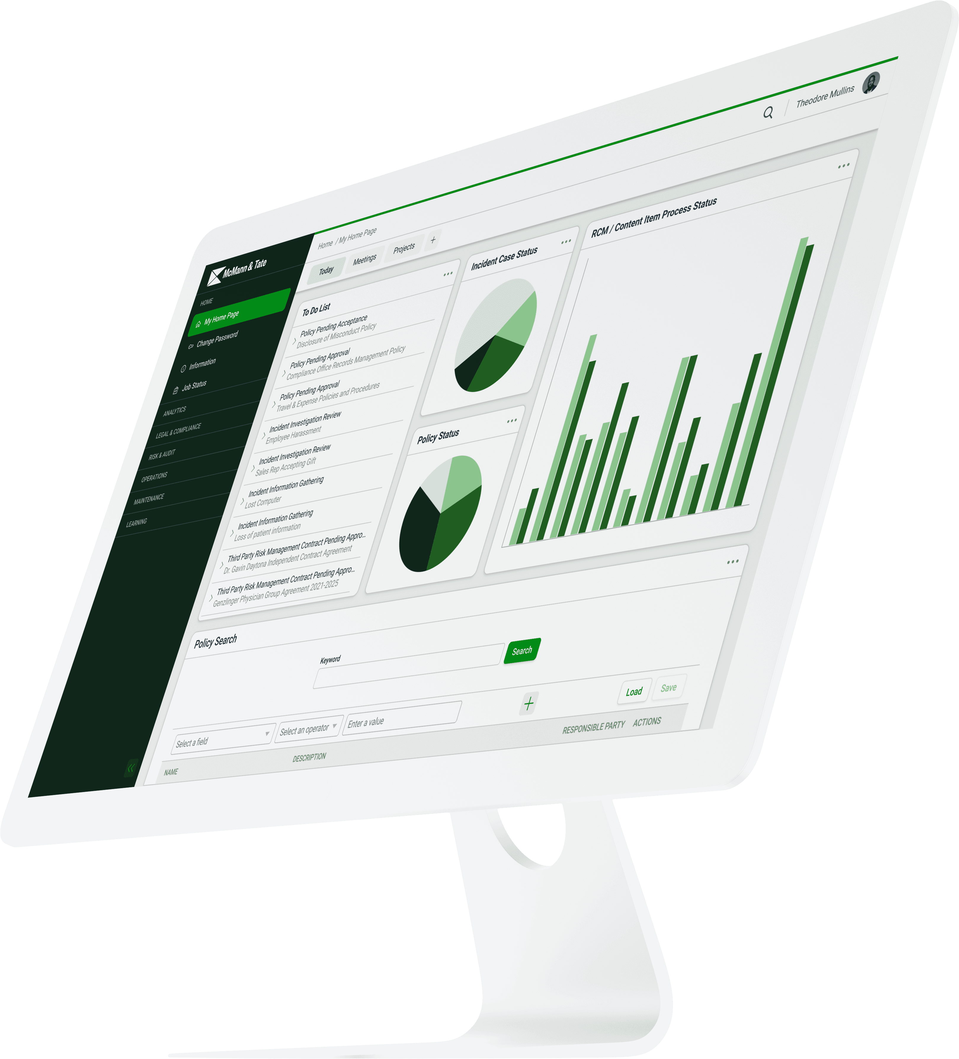 Rendering of a desktop computer seen from an angle. The screen shows a business dashboard.