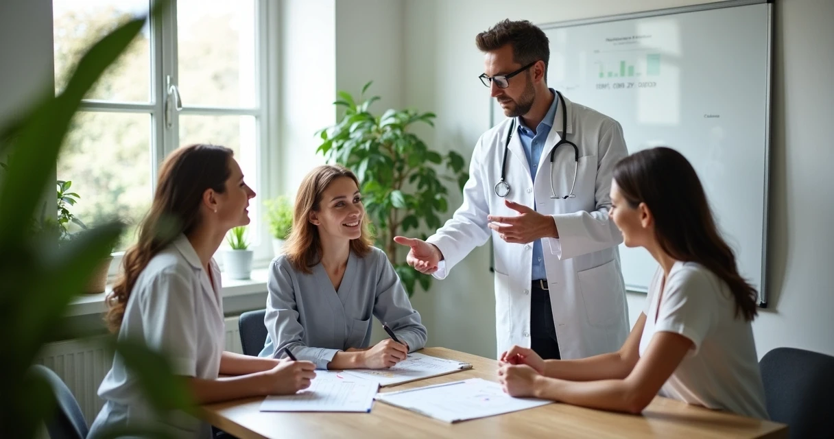 Profissional analisando consultório de nutrição com equipe 