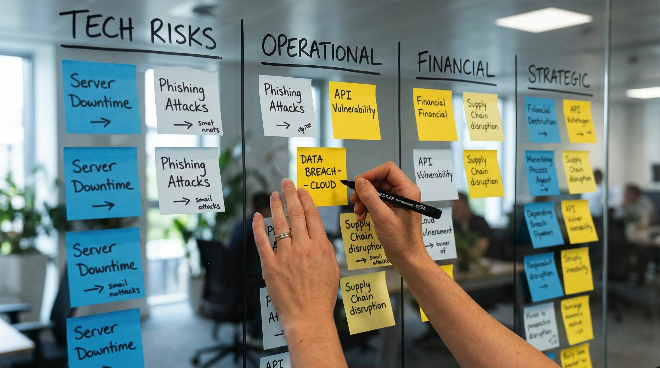 Risk assessment whiteboard with sticky notes.