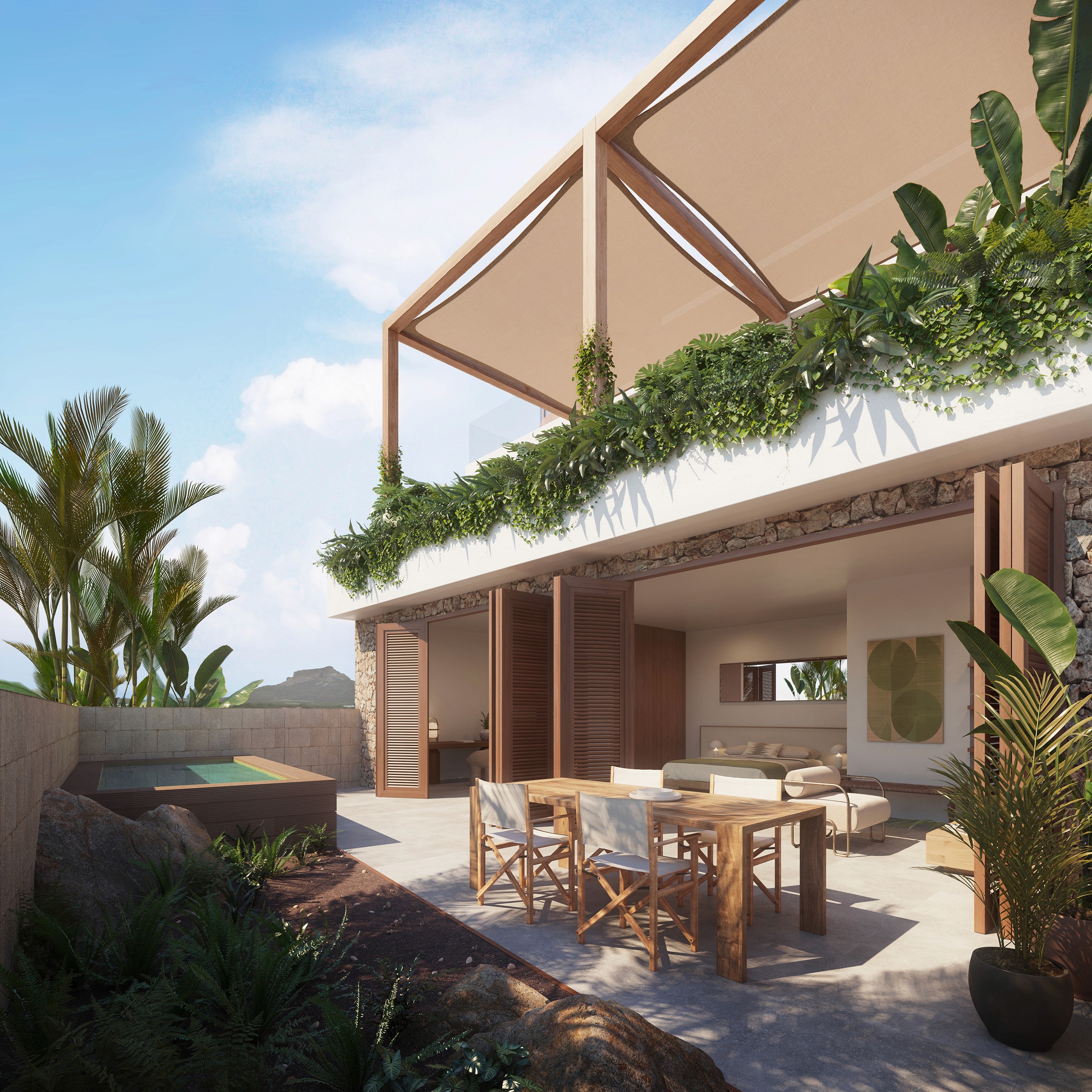 Rendered view of the villa showin the ground floor appartment with part of the first floor suncanopy