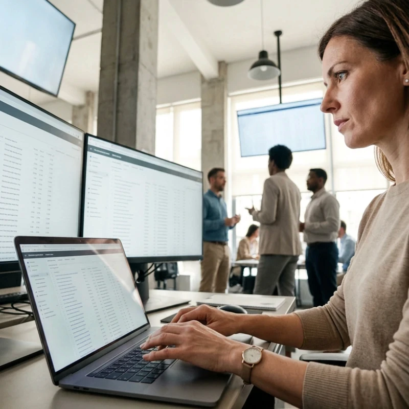 Équipe de professionnels en agence analysant des indicateurs de performance, des graphiques financiers et des tableaux de bord sur plusieurs écrans haute résolution, illustrant notre expertise en Stratégie de comm 360° pour garantir une expertise qui valorise chaque euro investi.