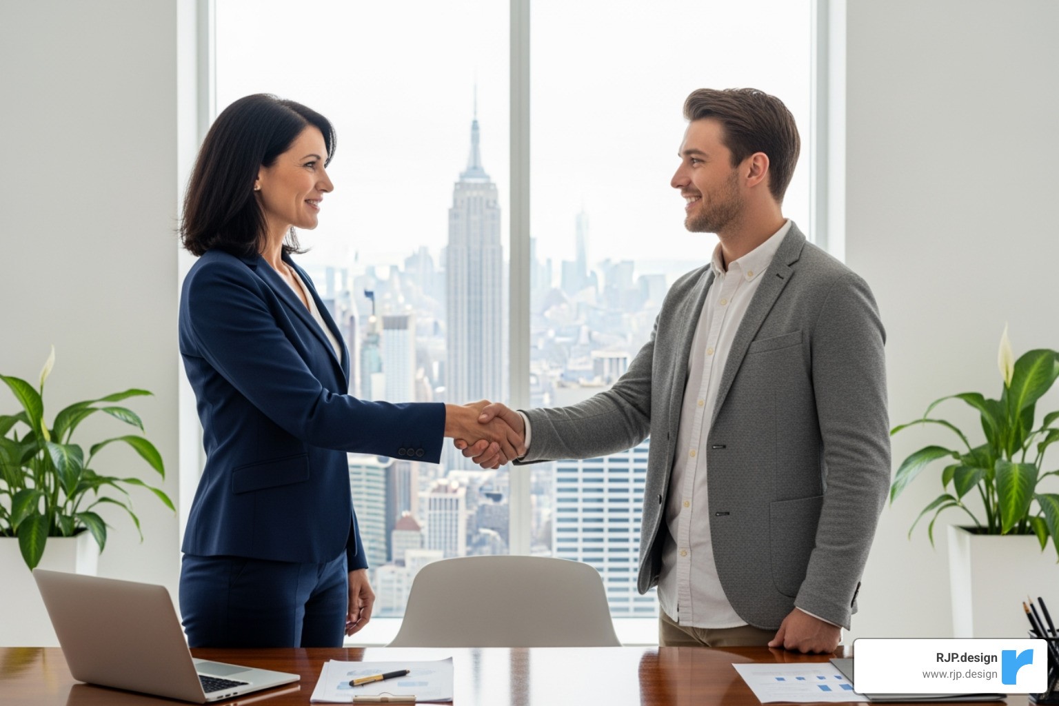 Image of a business owner shaking hands with a web designer in an NYC office - web design new york ny