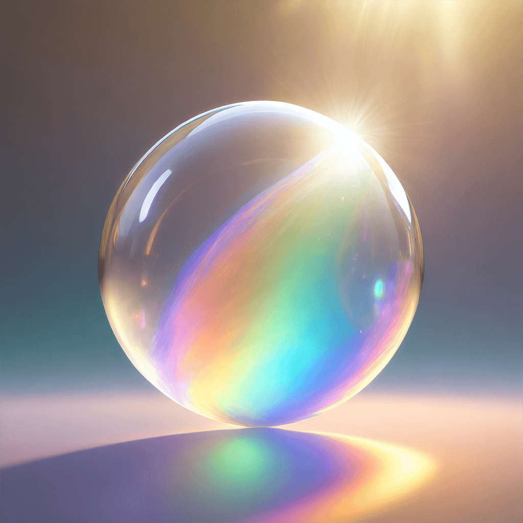 A translucent, iridescent 3D orb floating under the influence of light