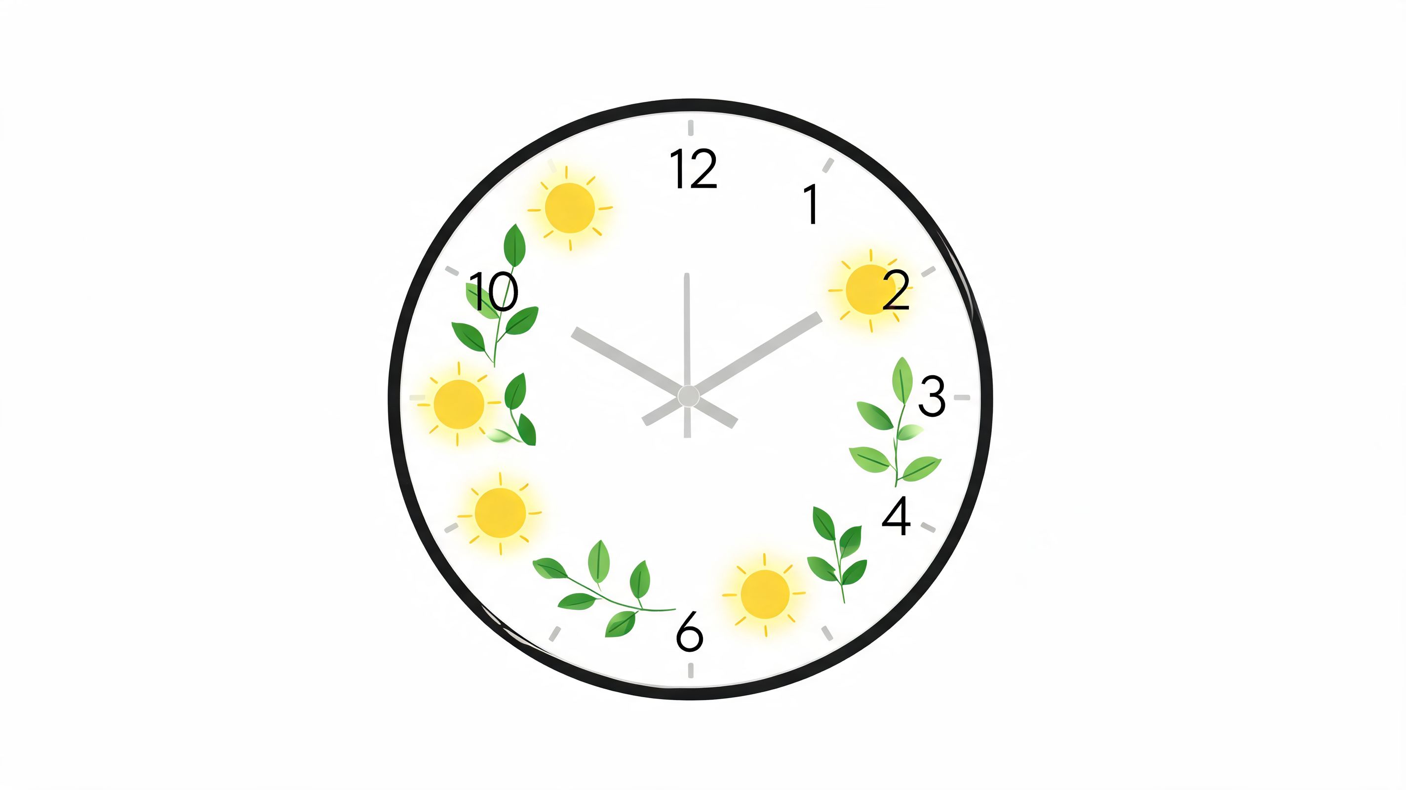 A minimalist wall clock with sun and leaf illustrations on a white background indicating time.