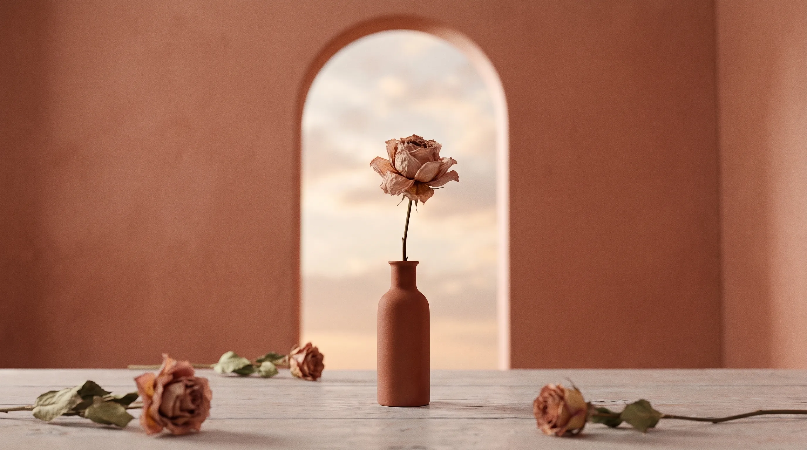 A single dried flower still standing in a slim vase, long past fresh