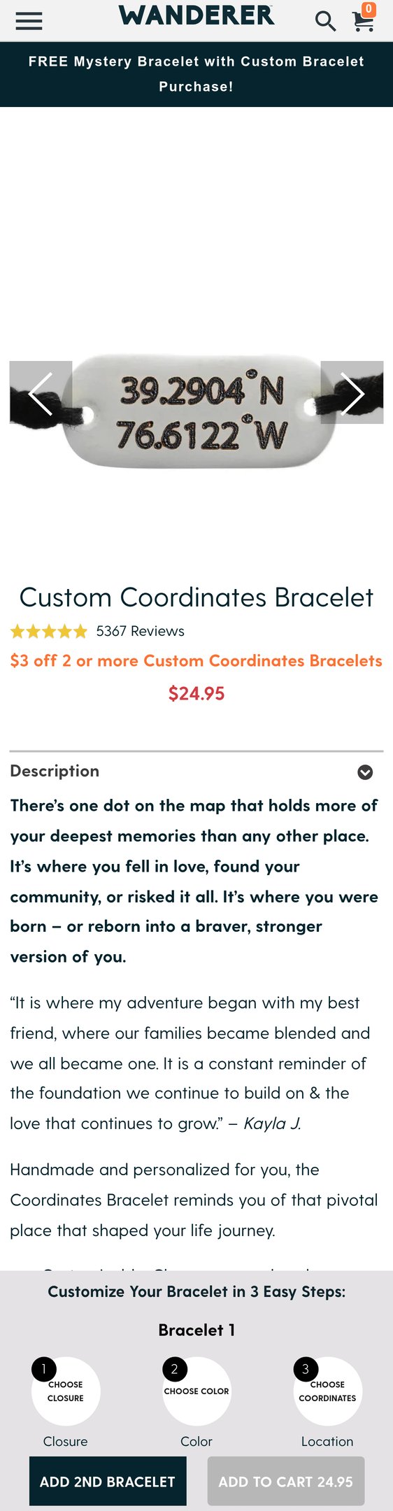 Jewelry product options include: bracelet for Custom Coordinates Bracelet from Wanderer Bracelets.