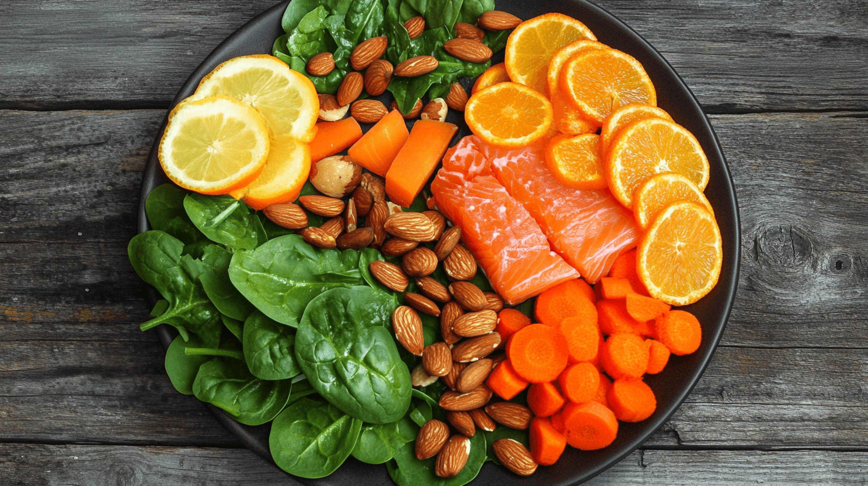 Nutritious food platter with spinach, almonds, carrots, and salmon, essential for maintaining strong and healthy hair. hair fall control, home care, hair masks, natural remedies,  Indulekha Bringha Oil Mamaearth Onion Hair Oil Kesh King Scalp and Hair Ayurvedic Oil Biotique Bio Kelp Protein Shampoo WOW Skin Science Apple Cider Vinegar Shampoo Himalaya Herbals Anti-Hair Fall Shampoo Khadi Natural Amla & Bhringraj Shampoo Mamaearth Onion Hair Mask St. Botanica Biotin & Collagen Hair Mask WOW Skin Science Hair Mask Tresemme Keratin Smooth Conditioner Biotique Bio Watercress Fresh Nourishing Conditioner Mamaearth Argan Conditioner Himalaya Hair Zone Tablets HealthKart HK Vitals Biotin Cureveda Grow Plant-Based Biotin The Moms Co. Natural Protein Hair Oil Parachute Advanced Ayurvedic Hot Oil Soulflower Cold-Pressed Castor Oil Just Herbs Silky Strength Shampoo Aroma Magic Triphla Shampoo Vaadi Herbals Amla Shikakai Shampoo Earth Rhythm Pro-Vitamin B5 Hair Mask Anveya Hydrate and Nourish Hair Mask L'Oréal Paris Extraordinary Oil Serum Kapiva Hair Care Juice