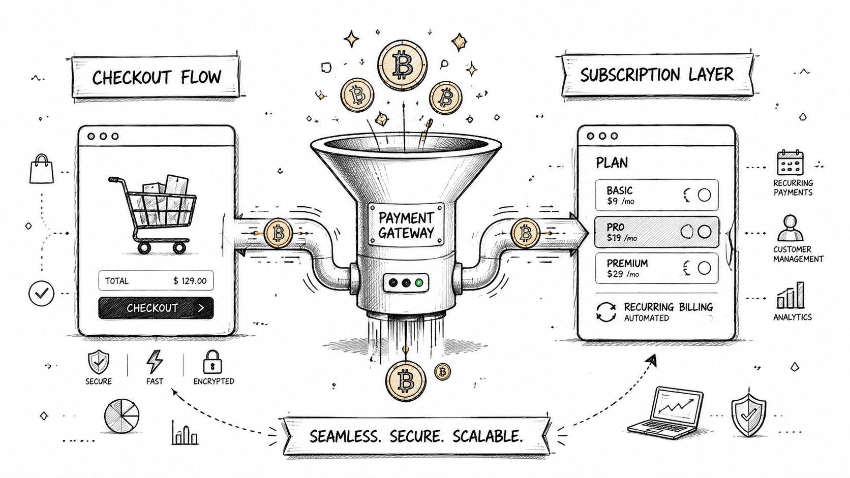A hand-drawn illustration showing a payment gateway funneling bitcoin payments between a checkout page and subscriptions.