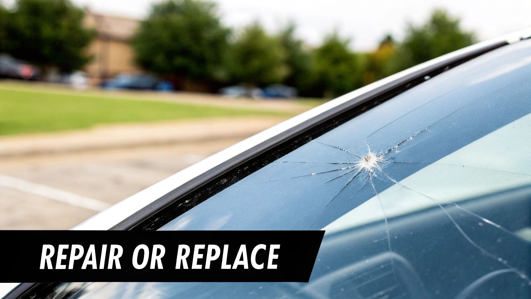 Close-up of a car windshield with a star-shaped crack and 'REPAIR OR REPLACE' text.