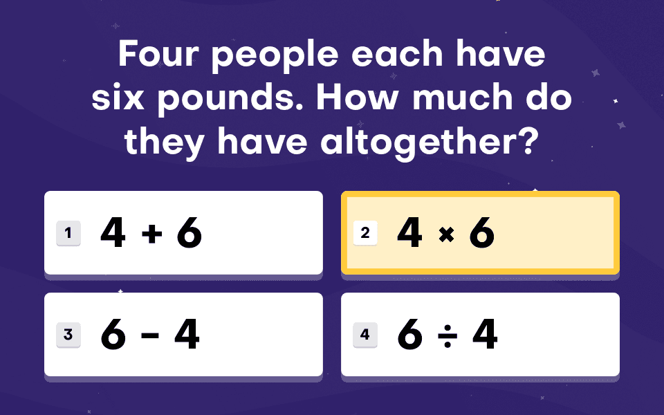 Talamo test screen, Word Problems (Problems): ‘Four people each have six pounds. How much do they have altogether?’ with four equations to choose from and 4 × 6 selected.