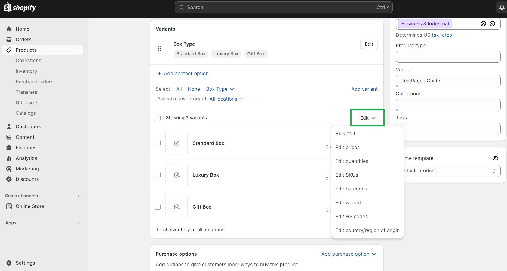 Shopify product page with multiple variant options displayed