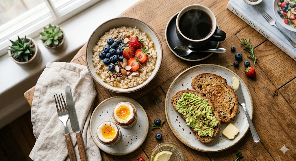 A top-down view of a rustic wooden breakfast table featuring a heart-healthy meal: a bowl of oatmeal with blueberries, strawberries, chia seeds, and almonds; two soft-boiled eggs; avocado toast with chili flakes; black coffee; a linen napkin; and a cookbook.