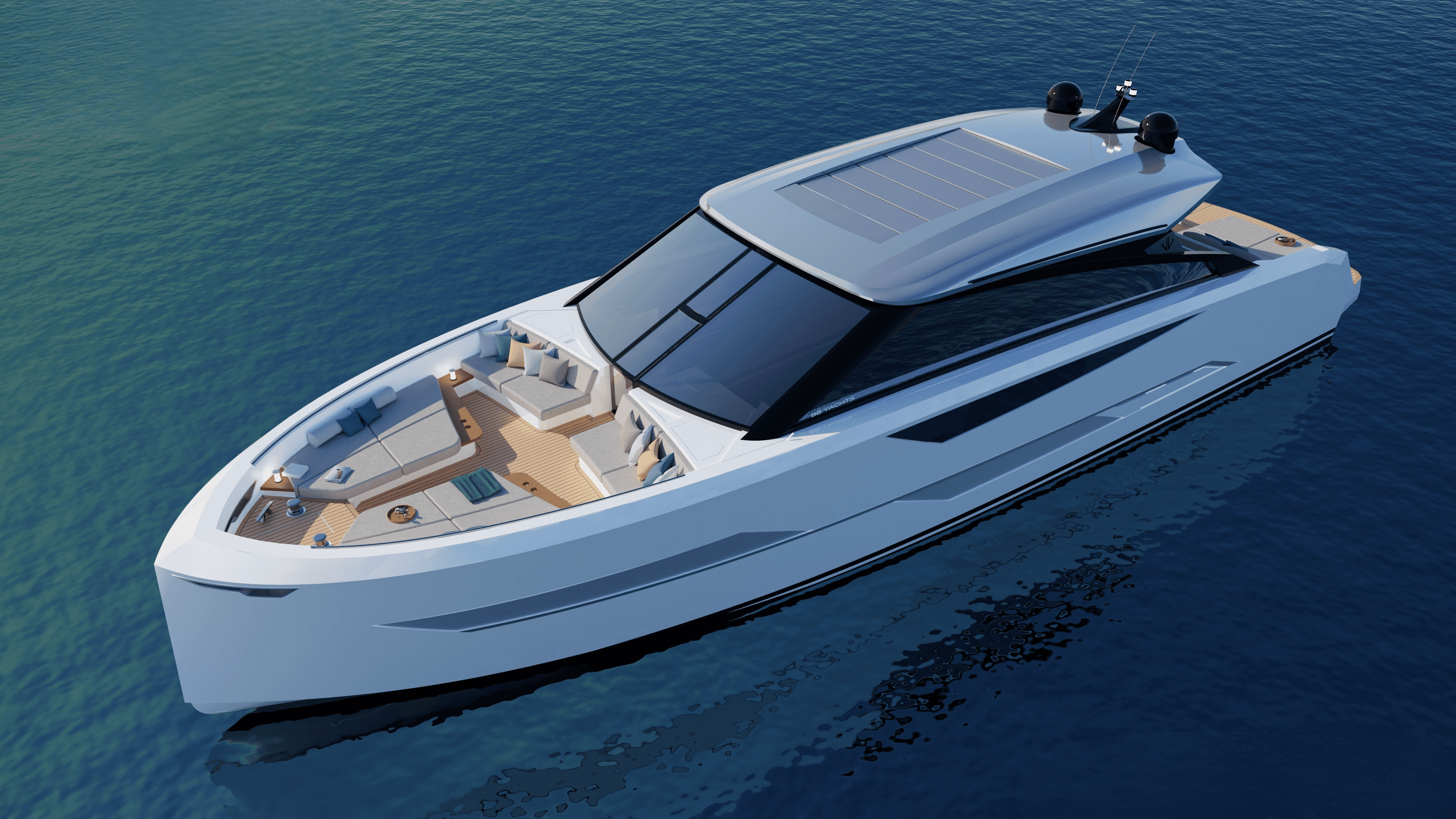 Un yacht blanc élégant ancré dans des eaux bleues calmes, avec un ciel clair en arrière-plan.