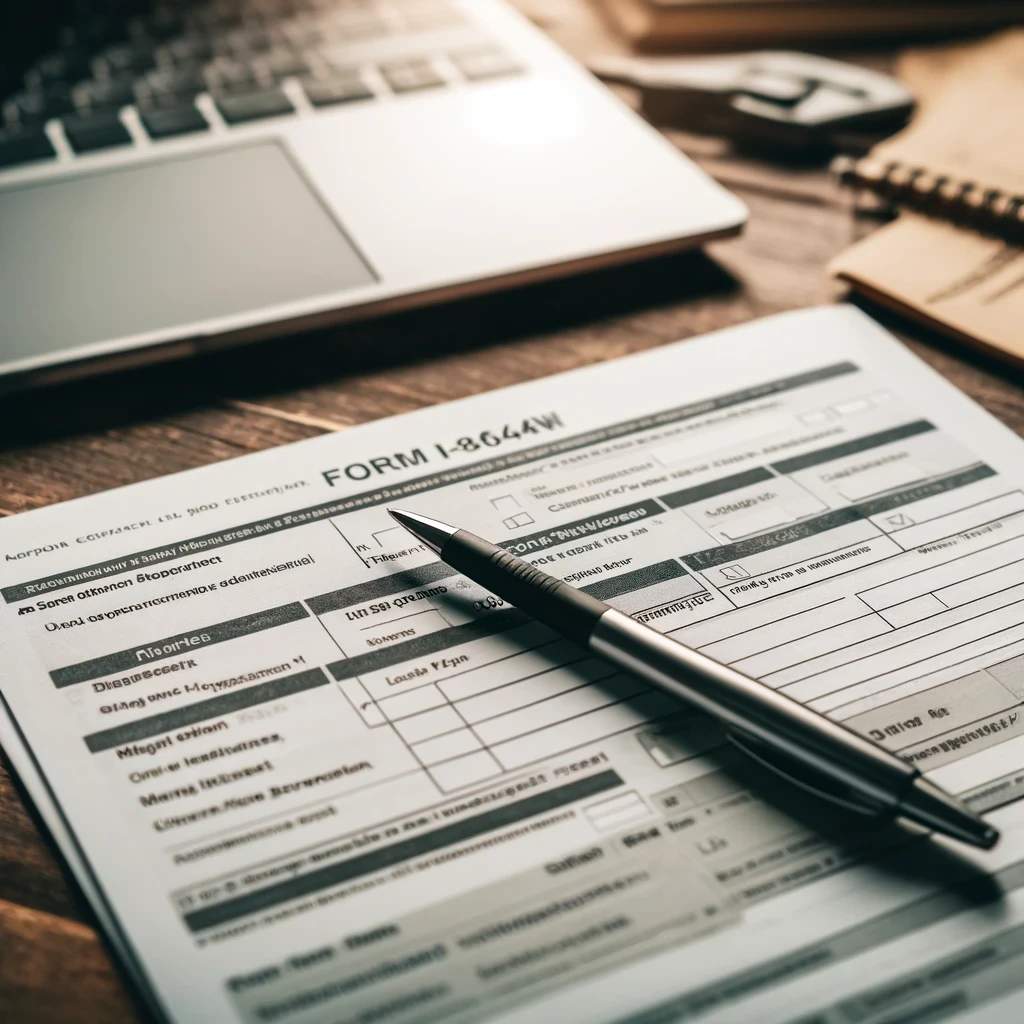 A close-up view of Form I-864W partially filled out with a pen placed on top, on a wooden desk. The background includes a laptop and several scattered documents related to green card applications.