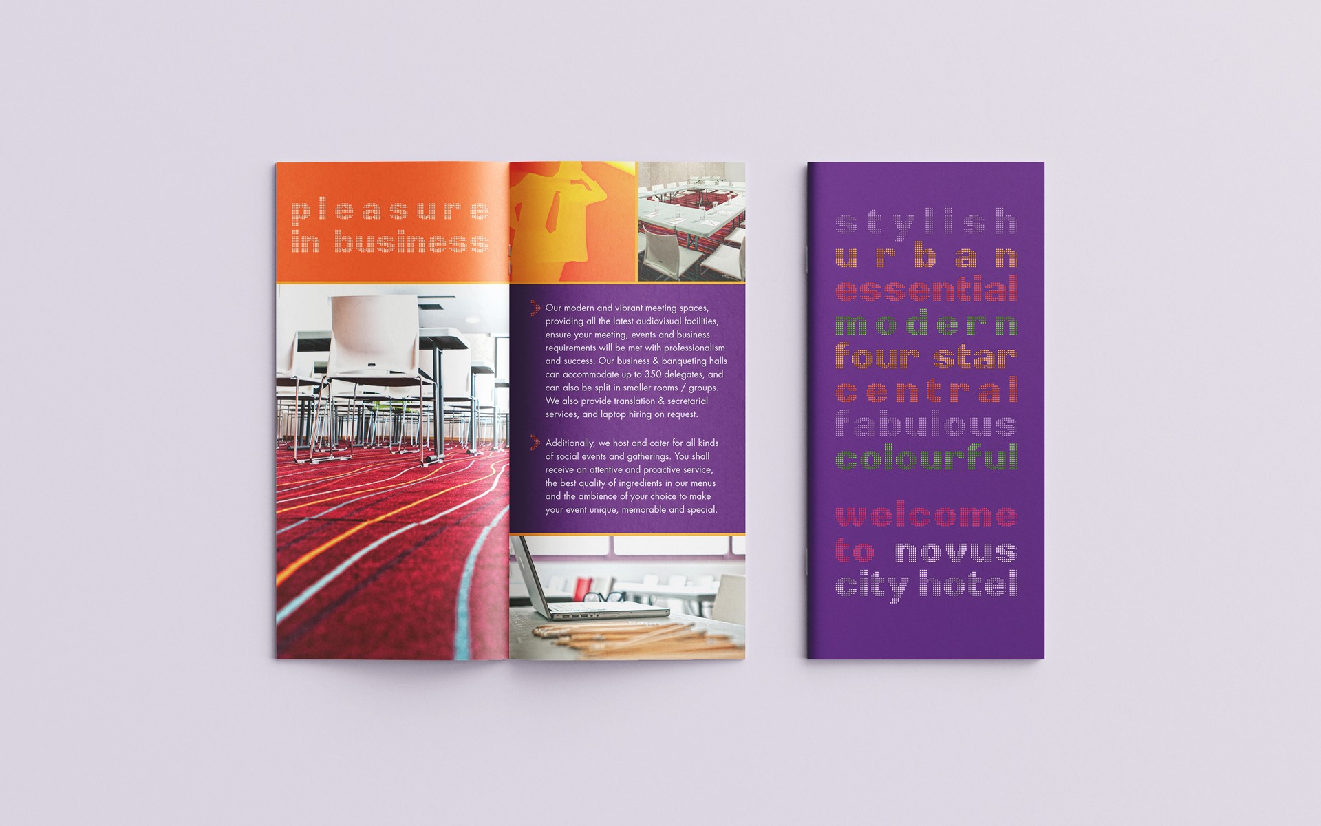 Promotional brochure for Novus City Hotel featuring the hotel’s spaces and services