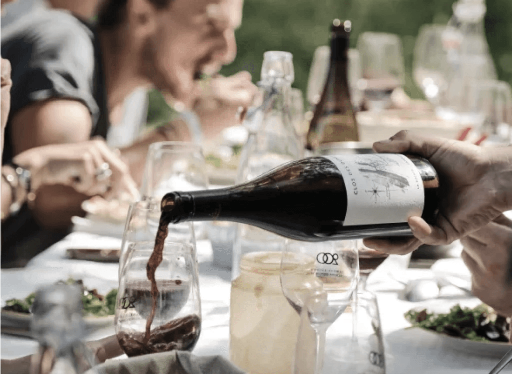 Close-up of red wine being poured during a convivial outdoor meal, surrounded by laughter and French countryside charm.