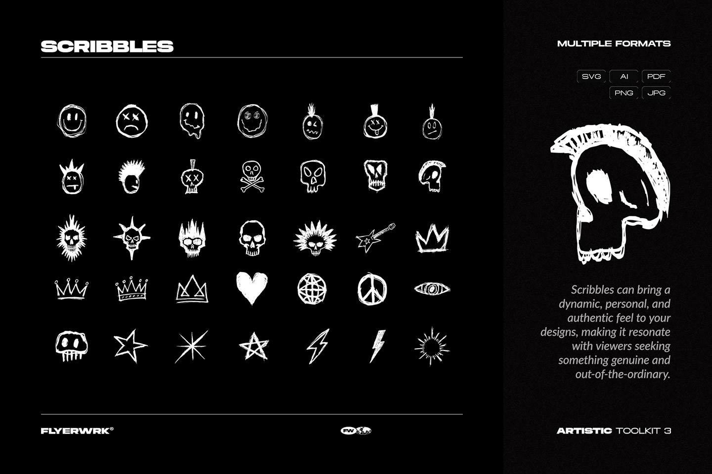 Artistic Toolkit 3 hand drawn vector scribbles including skulls stars and symbols