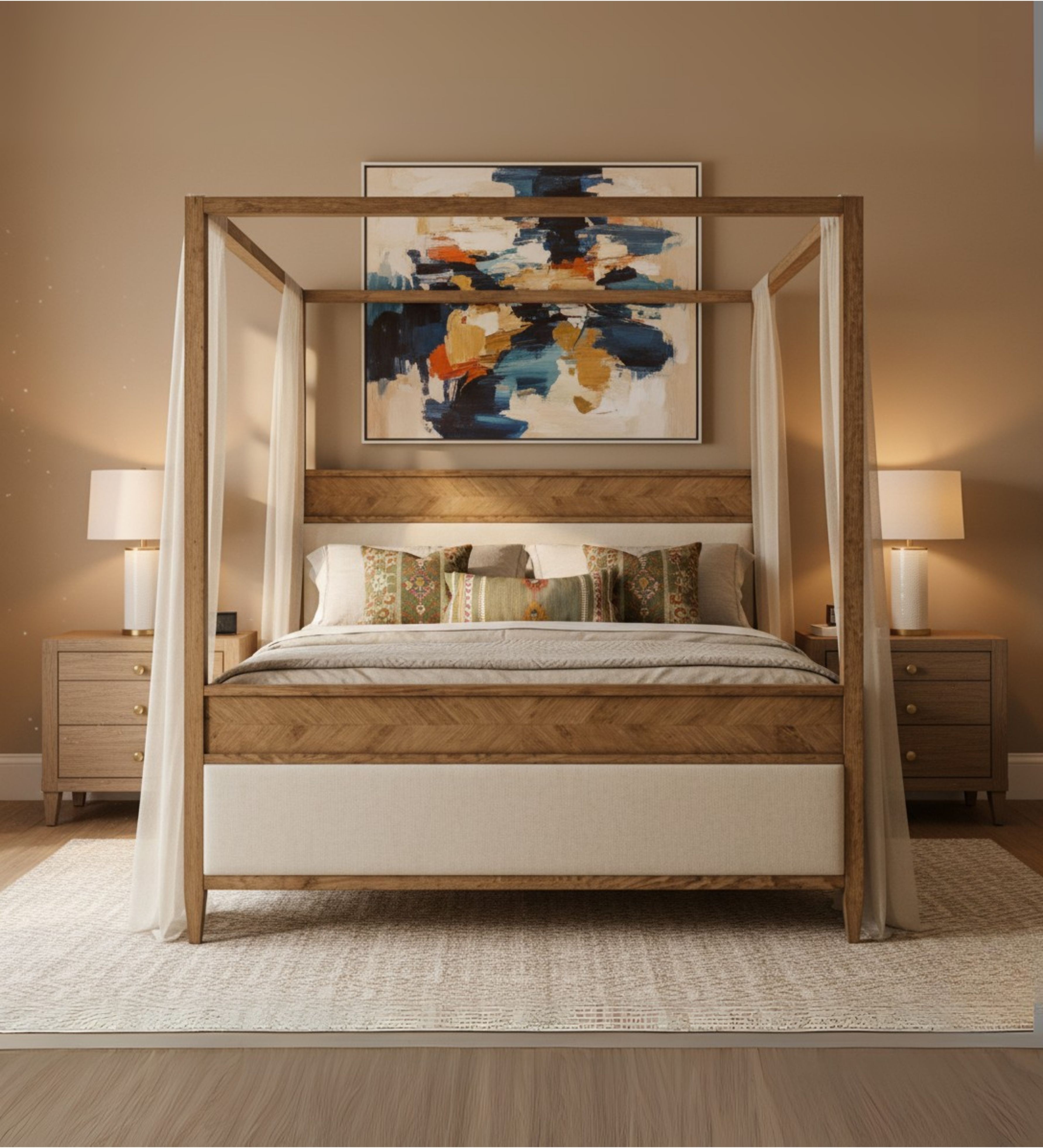 Canopy bed featuring a box frame structure and open post design