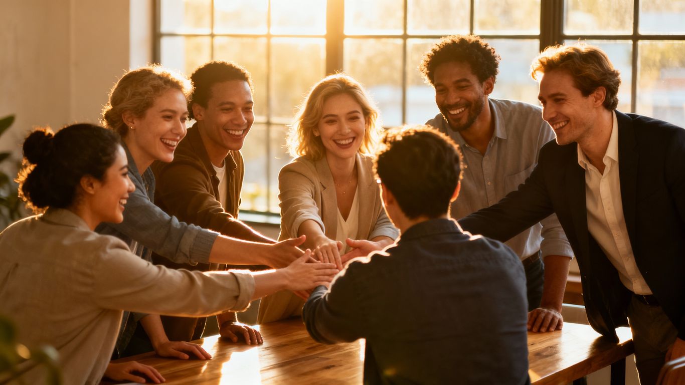 Diverse team welcoming a new member, symbolizing growth.