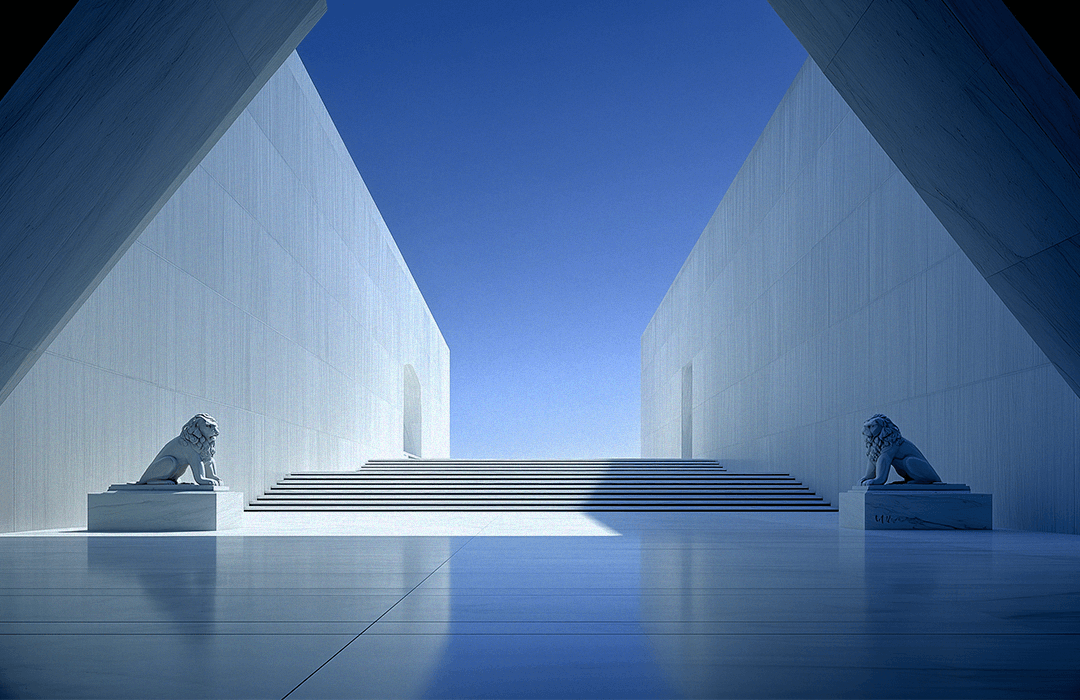 Uma imagem digital minimalista e simétrica de uma grande escadaria de mármore branco levando a um portal ou arco sob um céu azul claro. As escadas são flanqueadas por dois blocos maciços de paredes lisas de mármore branco/claro, que criam uma perspectiva forçada. Em primeiro plano, dois pedestais de mármore sustentam estátuas de leões sentados em pose formal, refletidas levemente no chão polido. O estilo evoca arquitetura clássica, monumental ou futurista.
