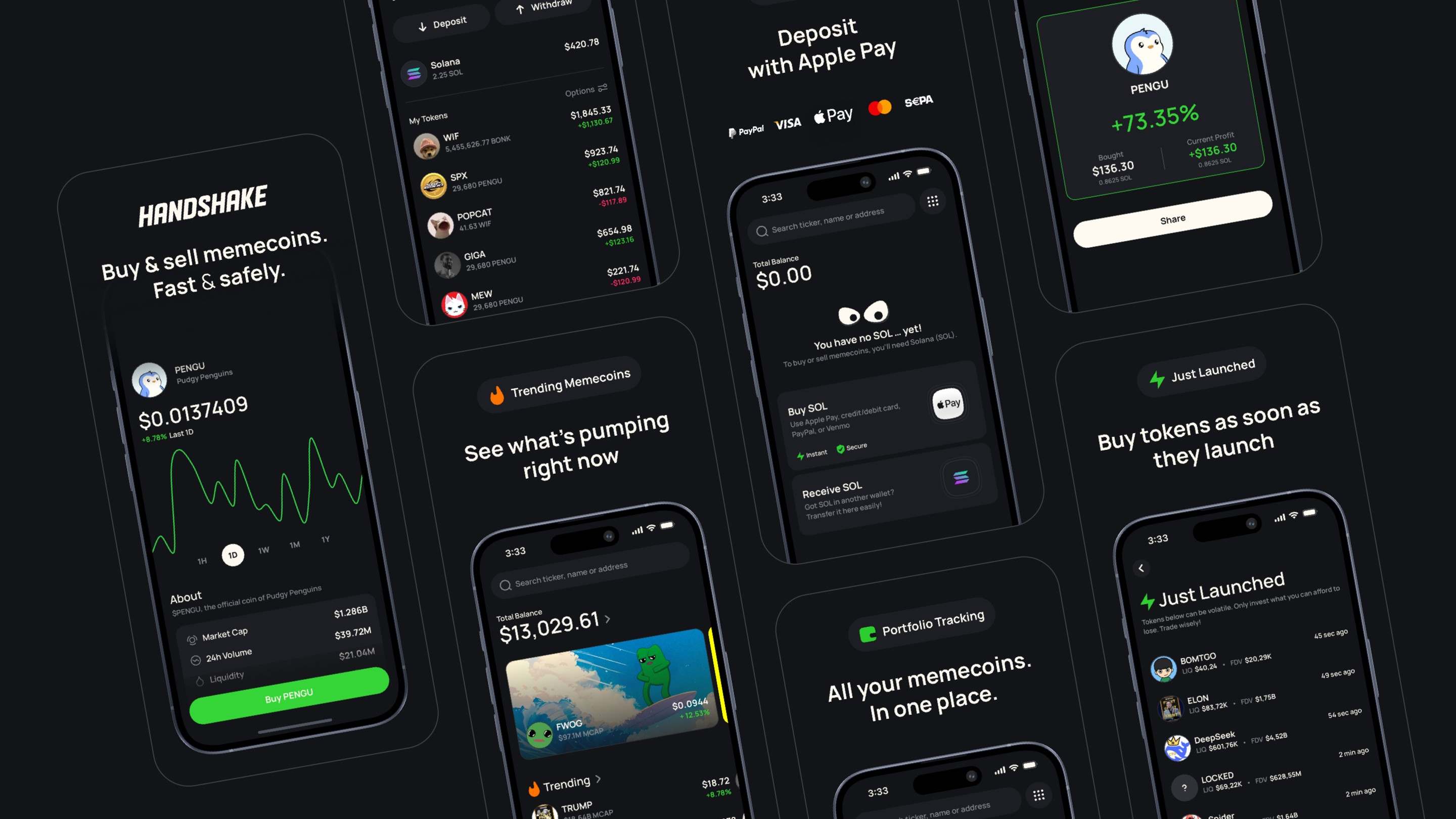 Handshake Crypto Wallet app screens showing wallet balance and memecoin trading features