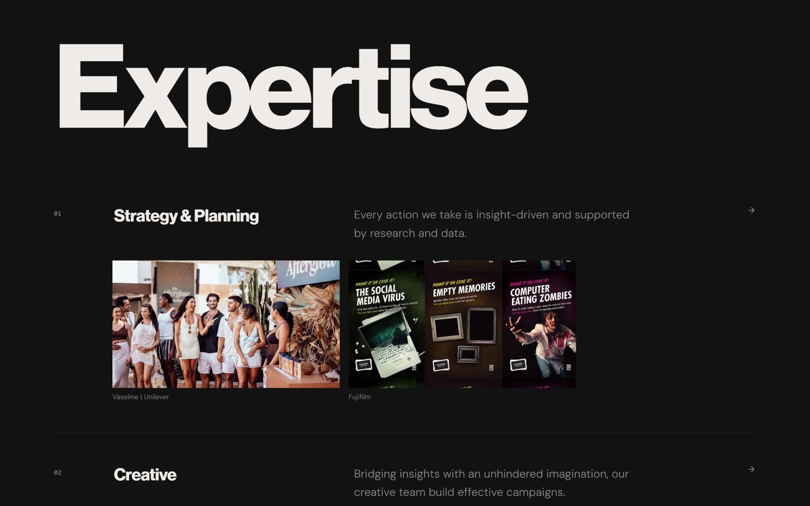 Expertise section with bold, white text. Strategy & Planning features images: people on stage, tech gadgets, and gaming themes.