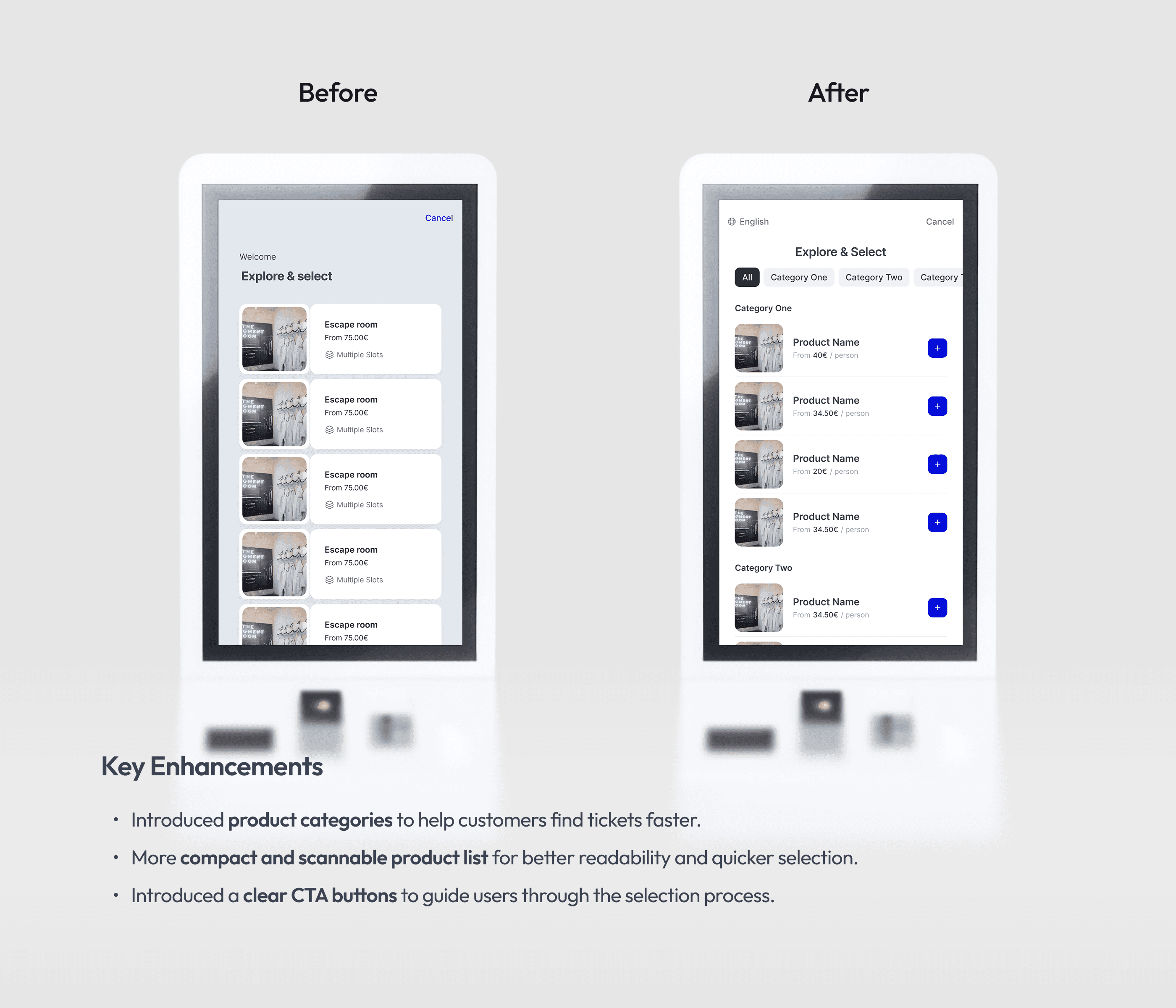 A before-and-after comparison of the kiosk's user interface, showing key enhancements made after user testing.