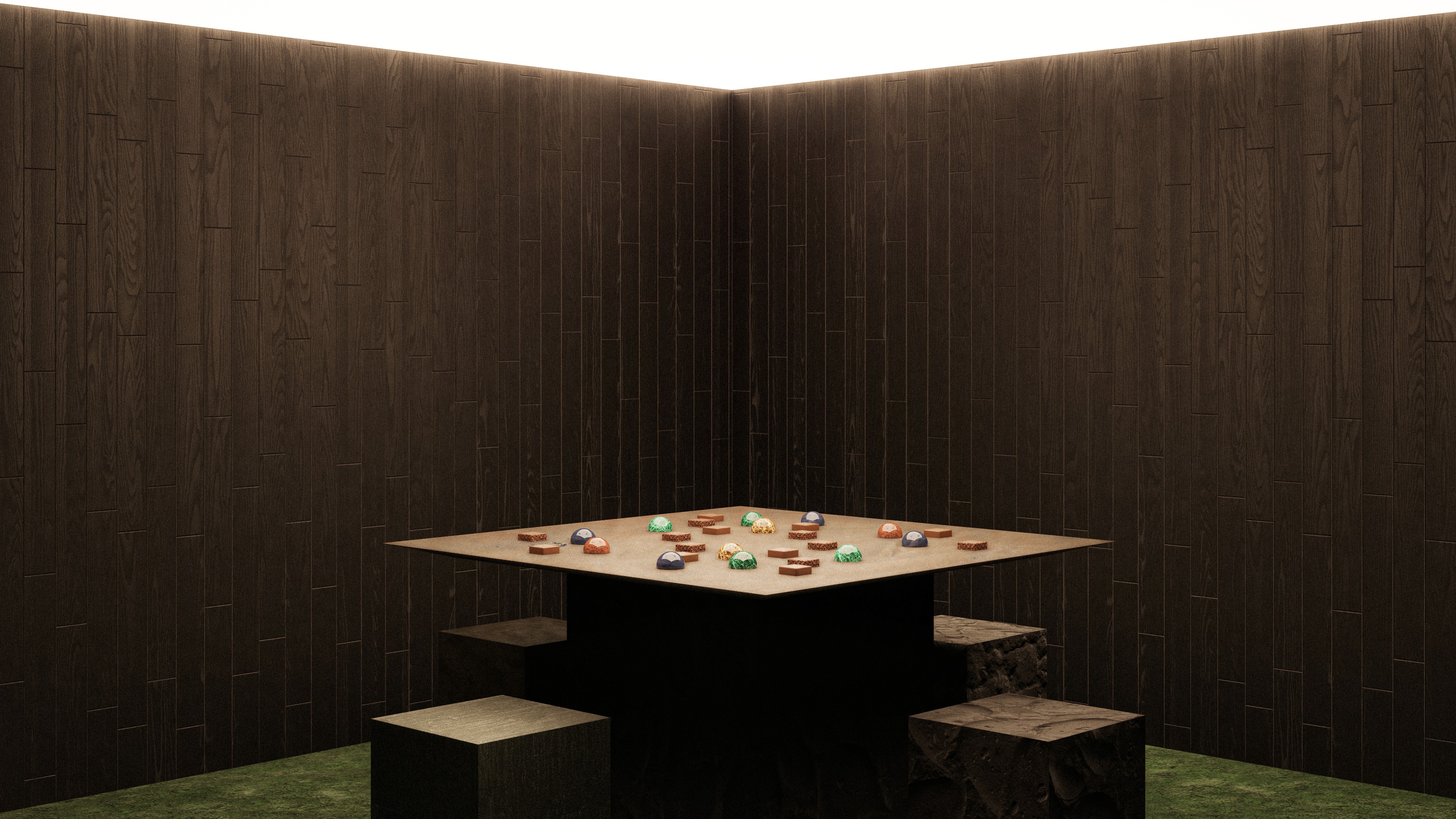Interior 3D render of a minimalist sensory tasting room for Patrick Roger, featuring three individuals seated around a central table within a dark, textured wood-paneled space designed for an intimate and primitive encounter with chocolate.