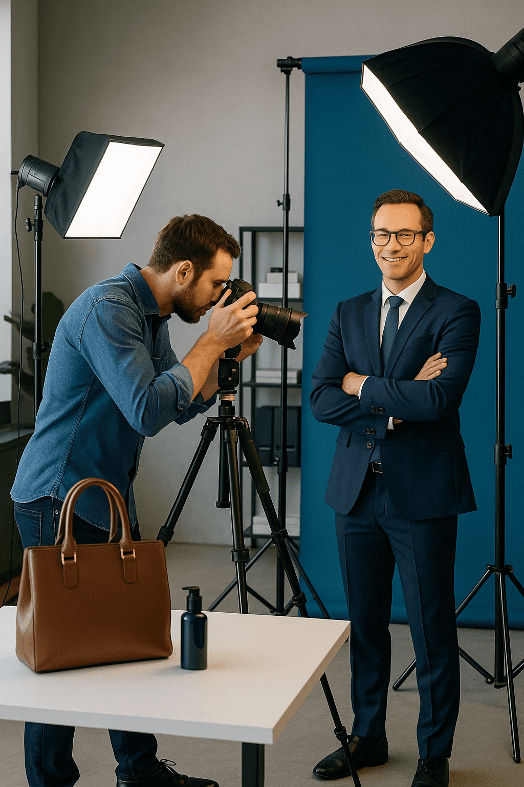 A professional photography studio setup shows a photographer in a denim shirt taking pictures of a smiling person in a blue suit, with studio lights and a blue backdrop enhancing the scene; a brown leather bag and a camera lens case are placed on a white table in the foreground.