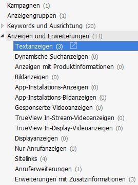 Übersicht der Typenliste in AdWords Editor