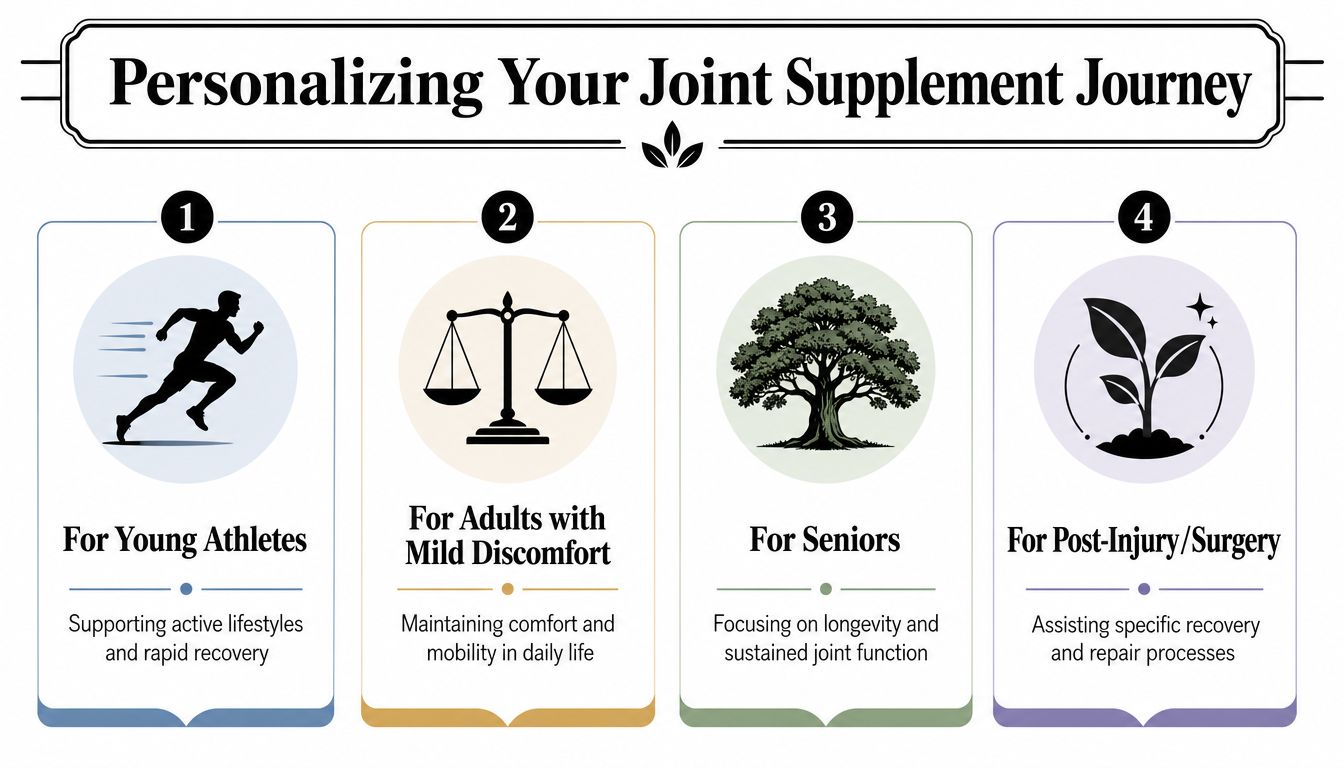 A diagram outlining four types of joint supplement journeys for athletes, adults, seniors, and post-injury recovery.