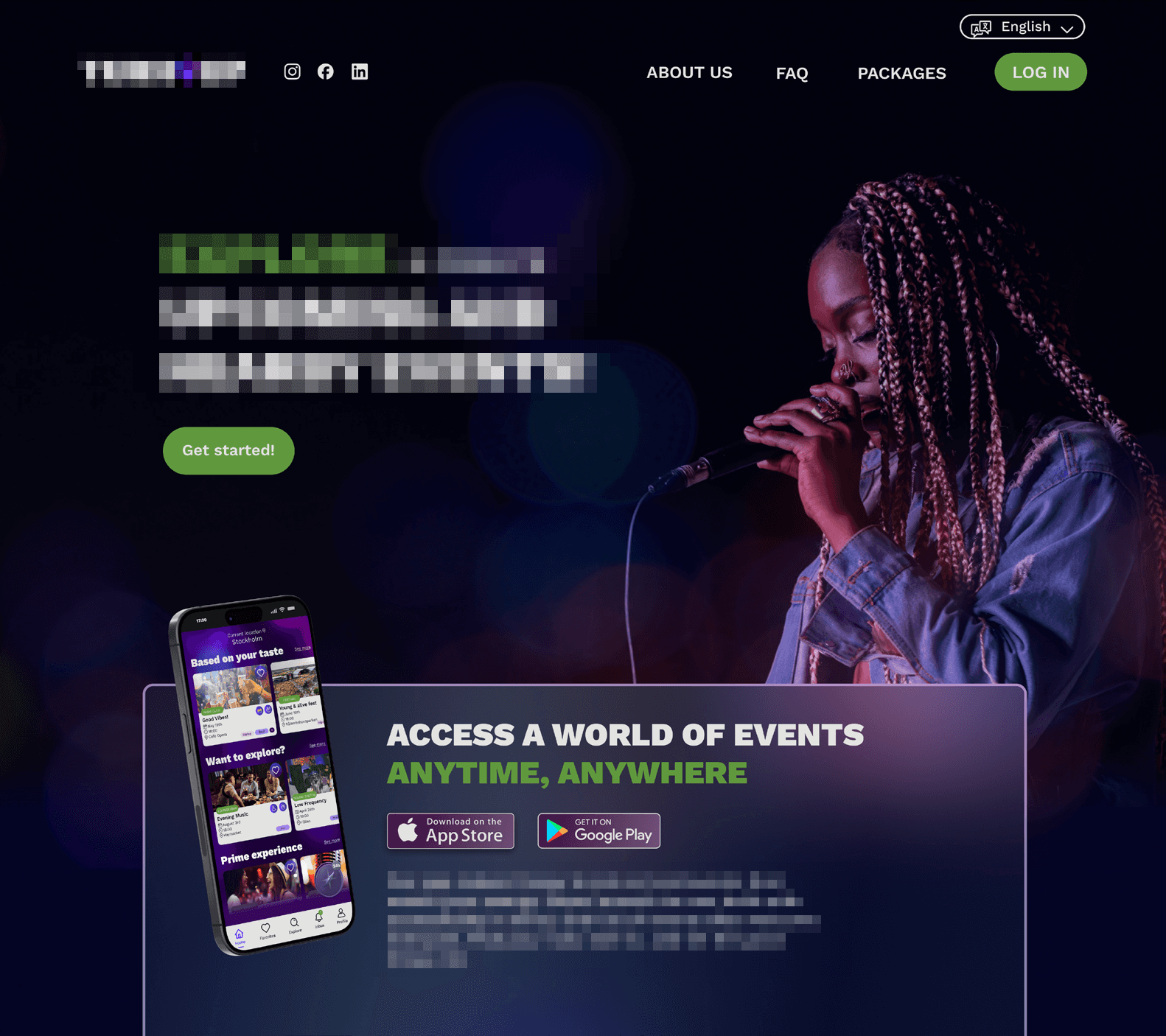 A vibrant website showcasing a music platform with a performer on stage and promotional details.