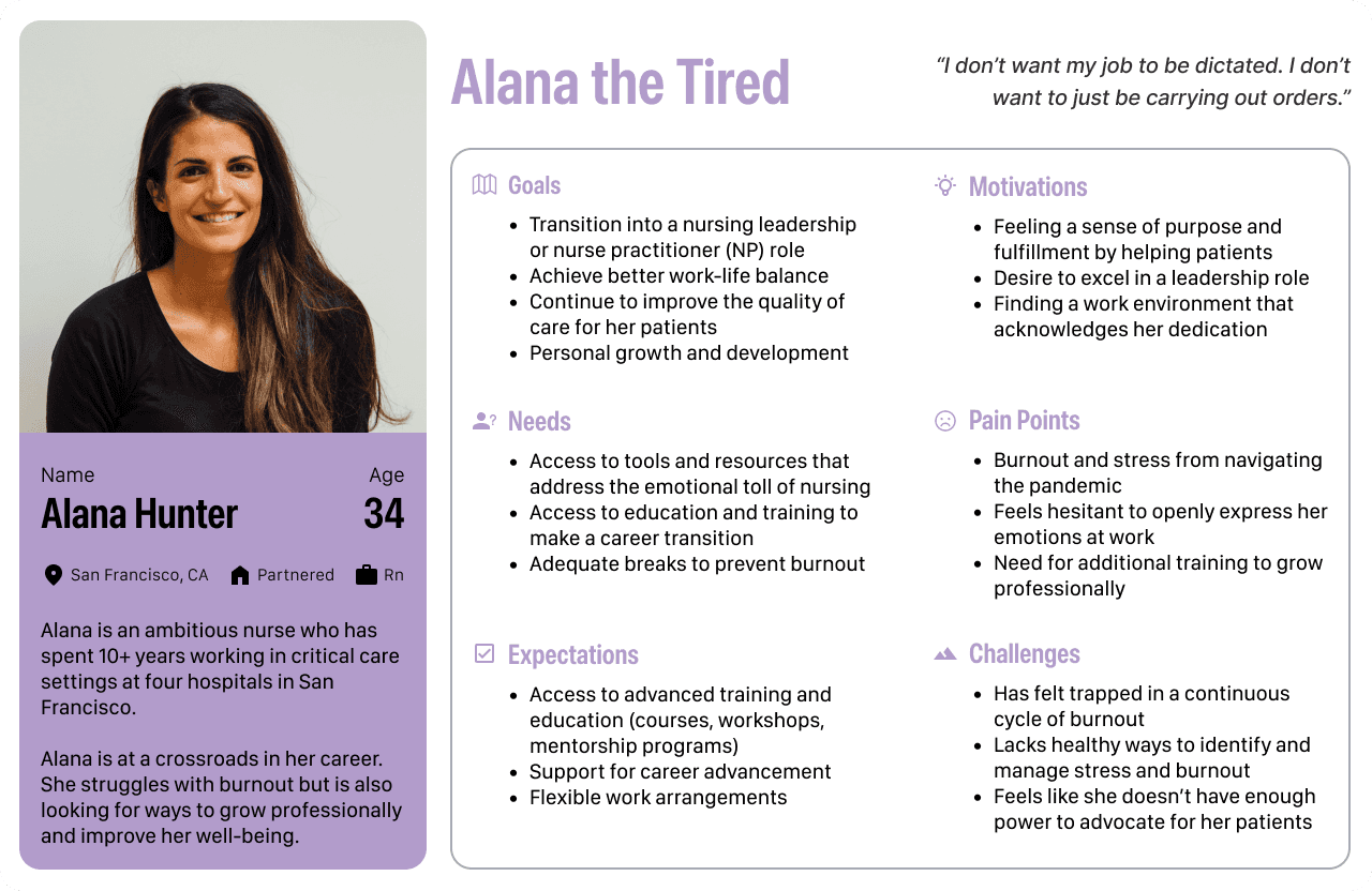 User persona: Alana, a critical care nurse whose mental health was heavily impactd during the pandemic.