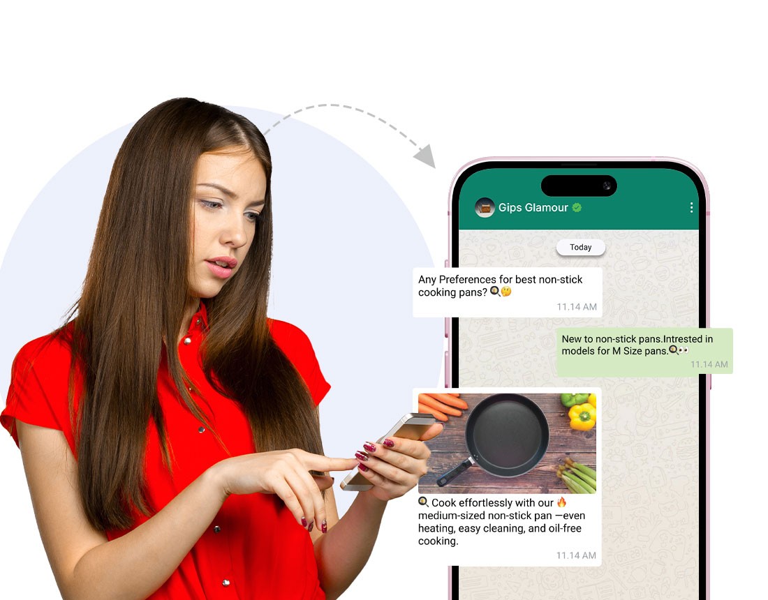 Woman with long hair in red shirt browsing WhatsApp conversation with Gips Glamour about non-stick cooking pans, showing product recommendation with image of medium-sized pan