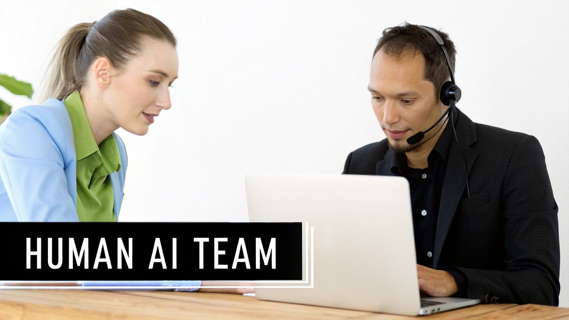 Two professionals, a woman and a man with a headset, collaborating on a laptop in an office setting with the text 'HUMAN AI TEAM'.
