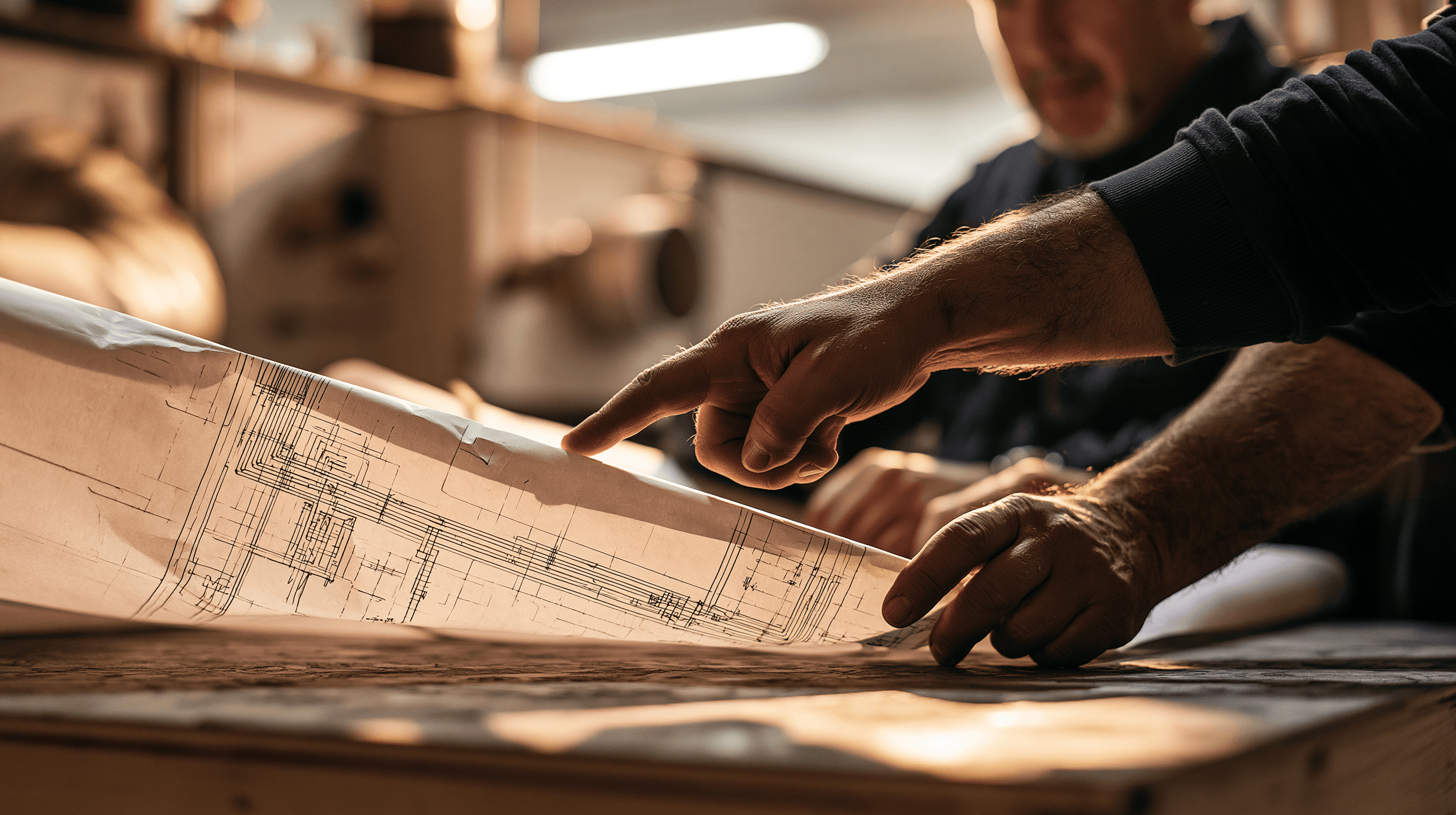 Illustrative project team reviewing installation drawings