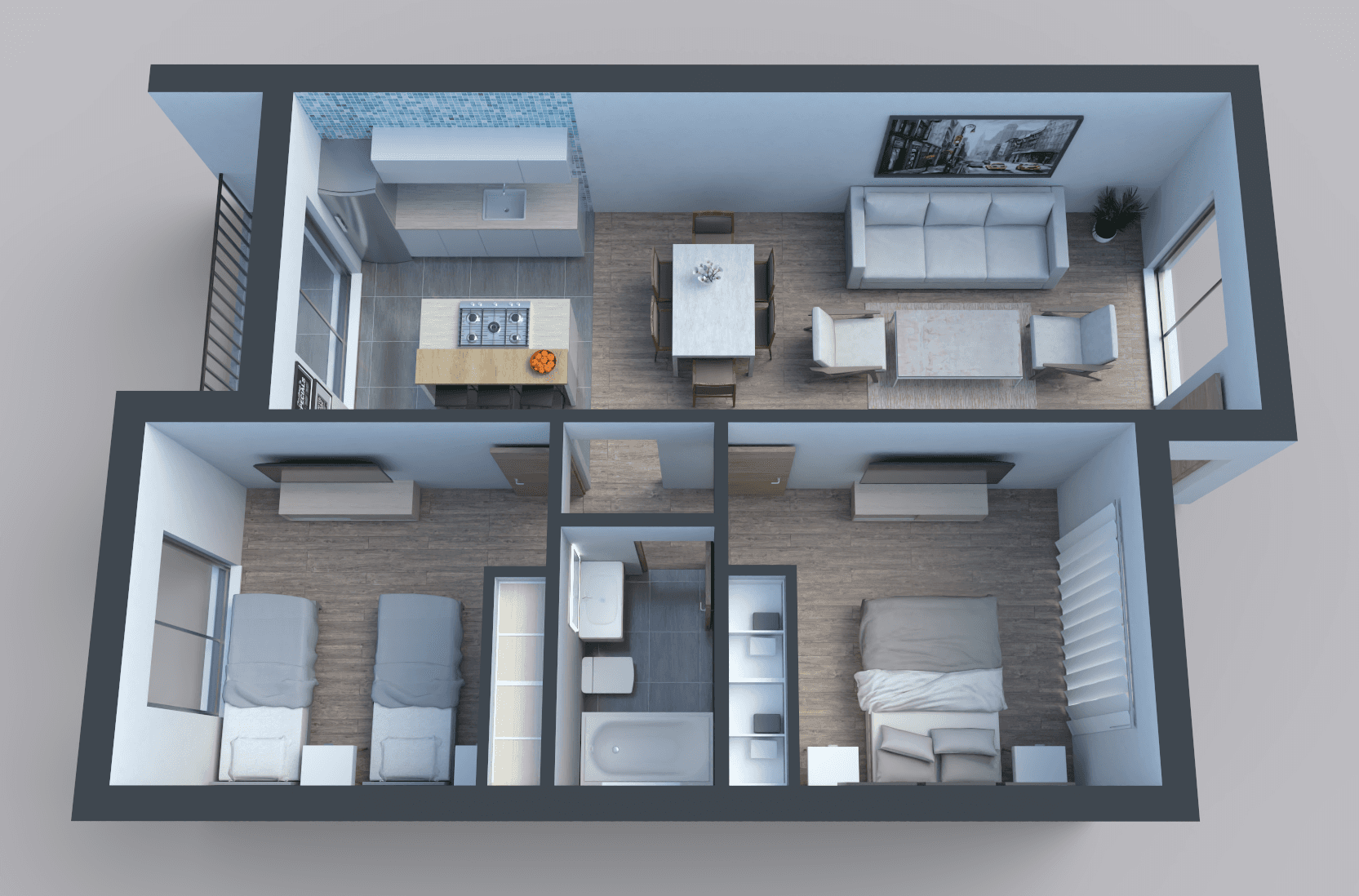 3D model of a two-bedroom apartment featuring a furnished layout with a kitchen, living room, bedrooms, bathroom, and loggia.