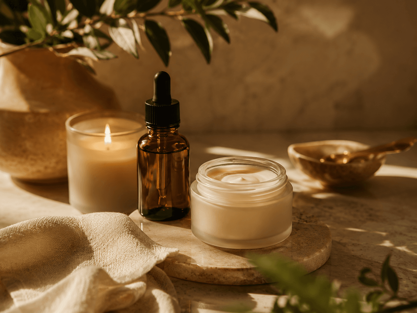 Minimal evening skincare setup with cream jar, dropper bottle, and candles in warm light.