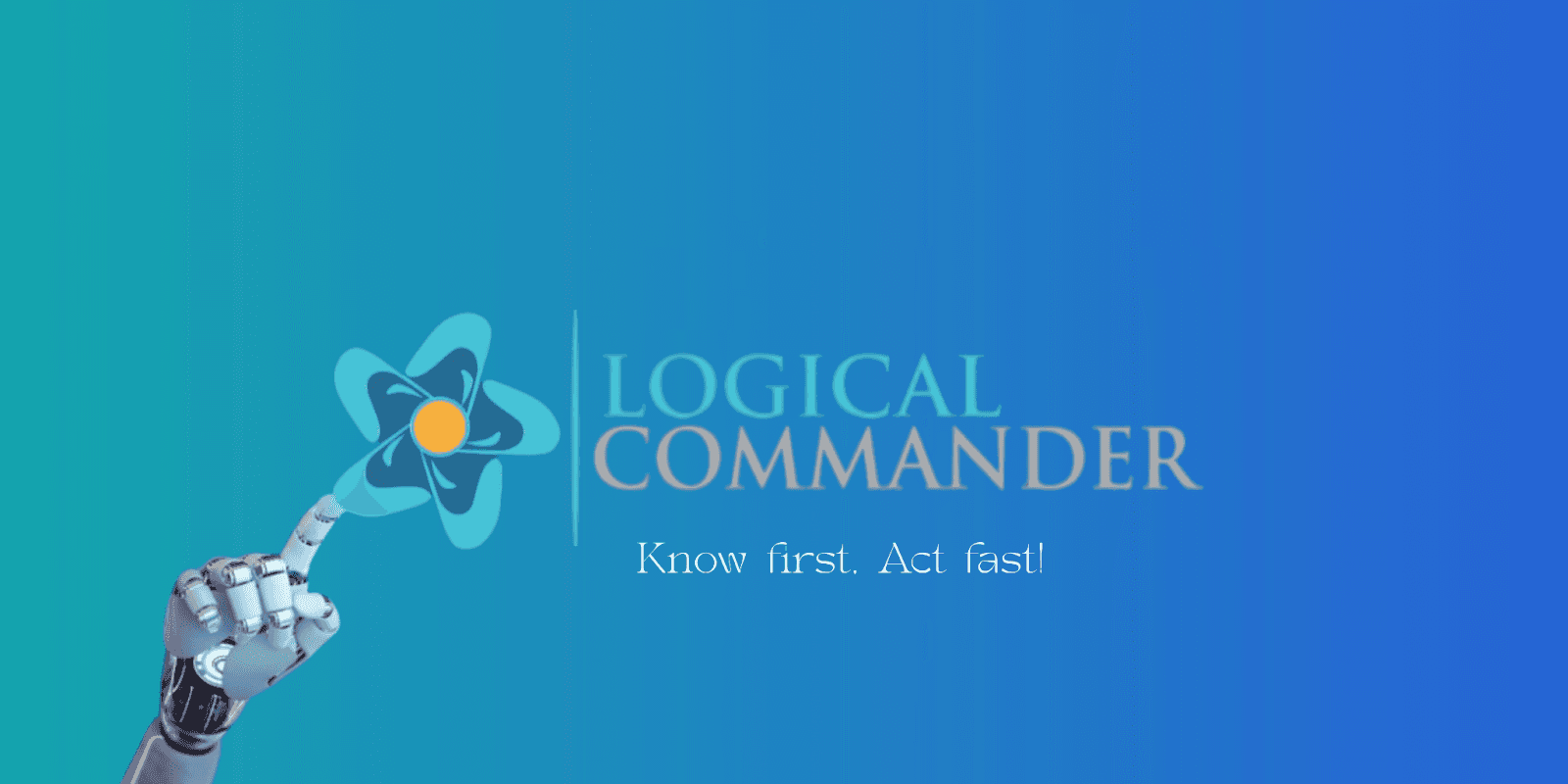the Logical Commander logo with a robotic hand pointing at a blue and yellow icon, symbolizing AI-powered risk management.