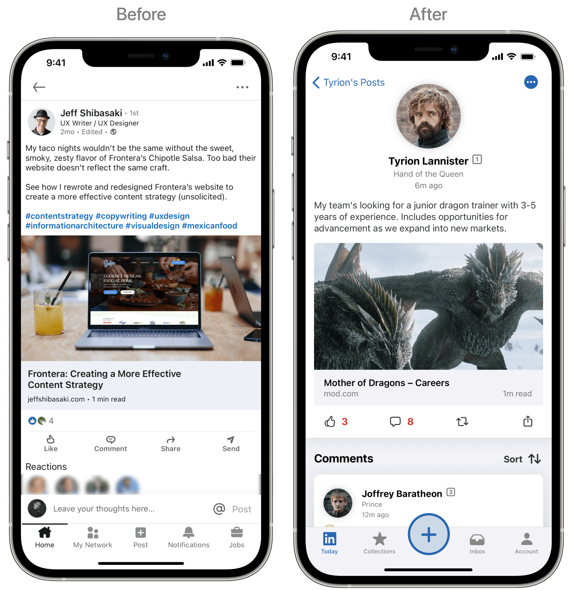 LinkedIn Post Details screen before and after the redesign