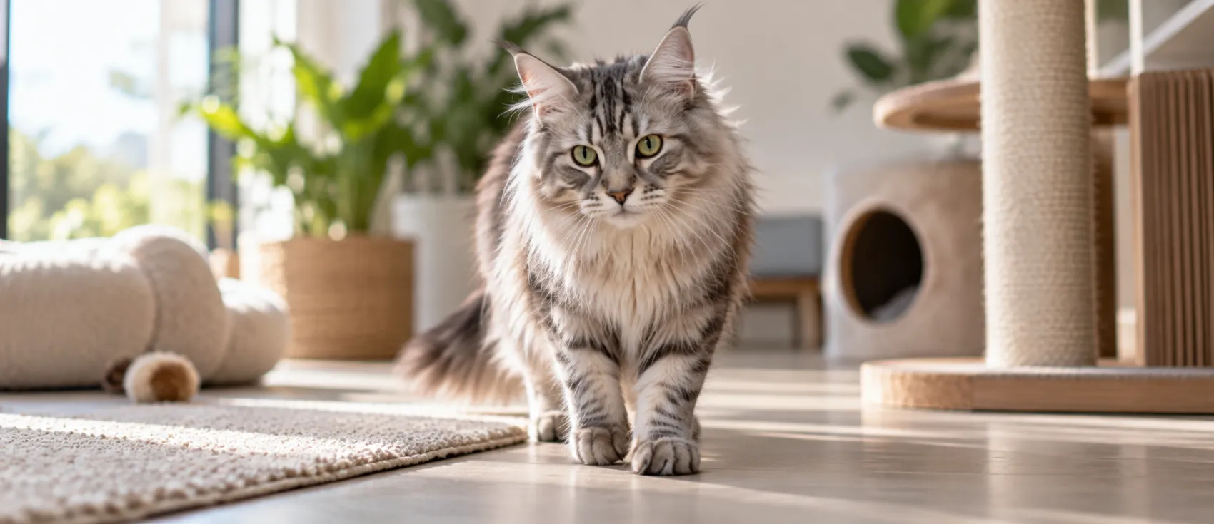 A long-haired grey tabby cat walks across a room with a slightly uneven gait.