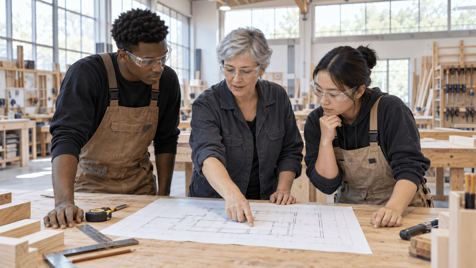Une formatrice explique un plan de bâtiment à deux jeunes adultes dans un atelier de formation à la menuiserie.